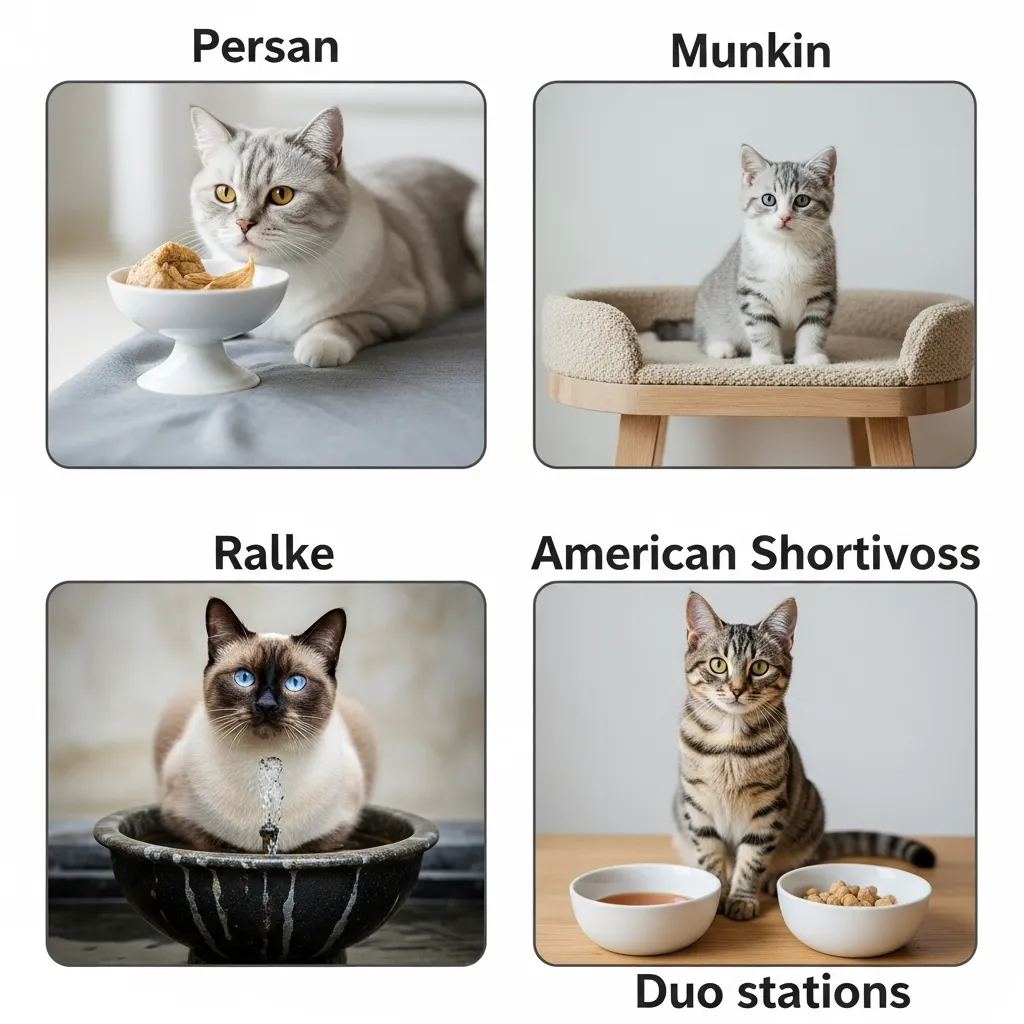 Cat water bowl preferences by breed: Persian, Munchkin, Siamese, American Shorthair