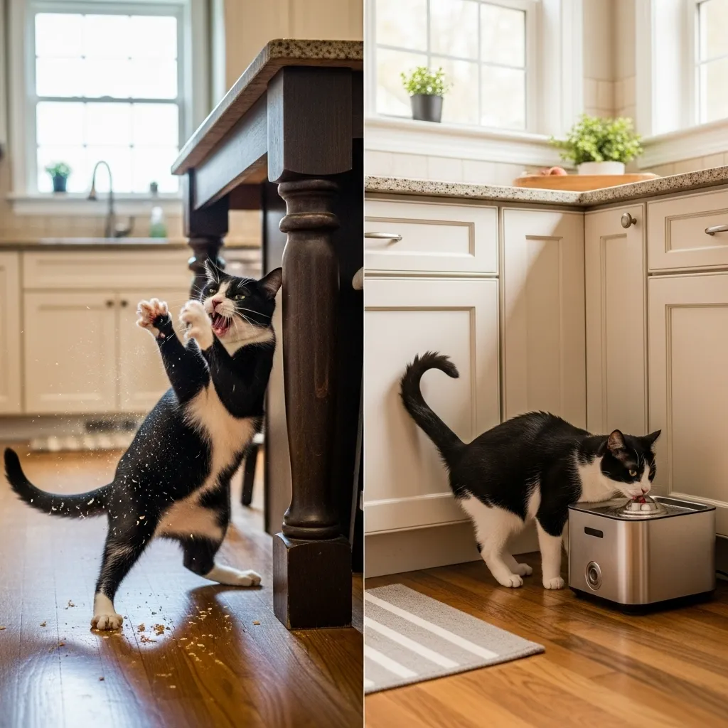 Before vs after: Cat scratching floor vs peaceful drinking after fixes