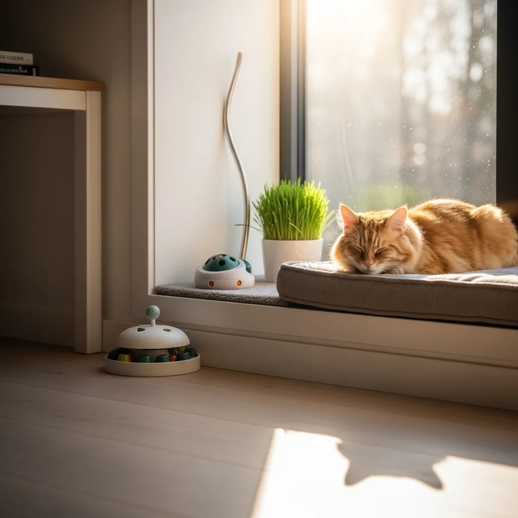 Cat enrichment alternatives – window perch, puzzle feeder, silvervine, cat grass setup