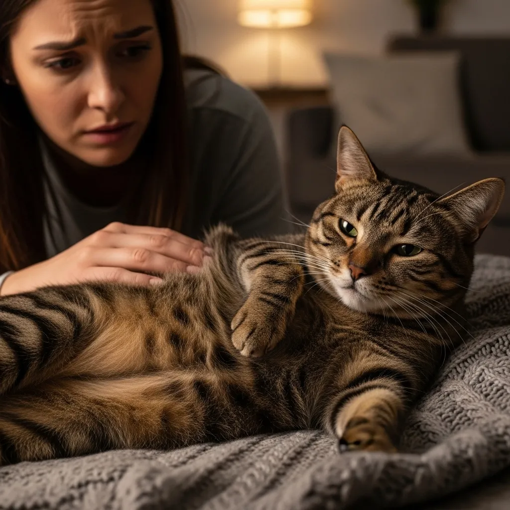Why Is My Cat Bloated 1 Cat owner checking bloated cat stomach at home – early signs of cat bloat