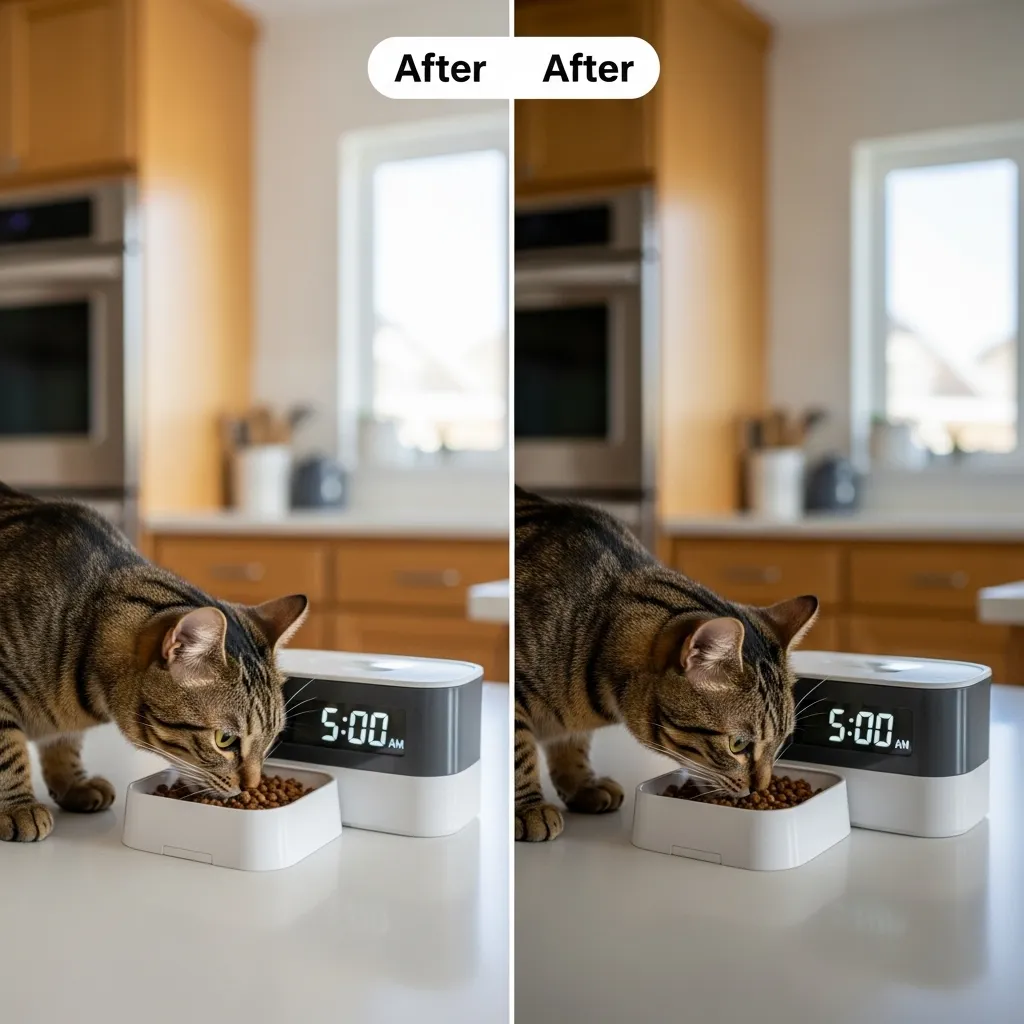 Automatic cat feeder stops cat meows for food - Munchkin cat happily eating at scheduled time