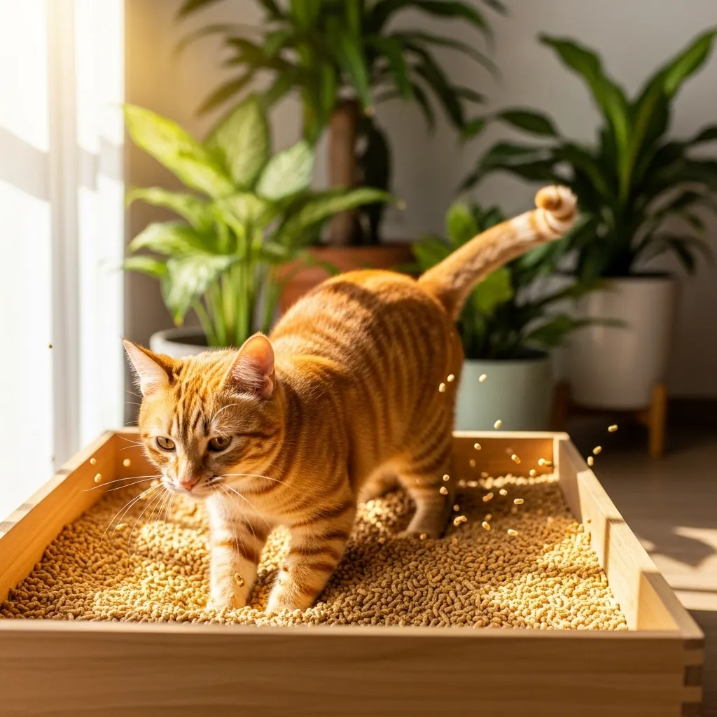 Cat using pine pellet litter alternative in sunny room – eco-friendly cat litter 2025