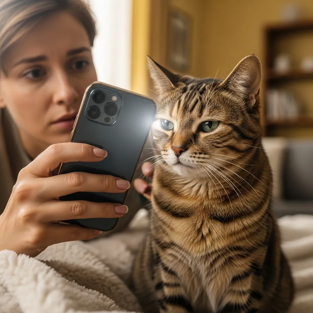 Cat owner performing pupil response test to check for cat blindness signs