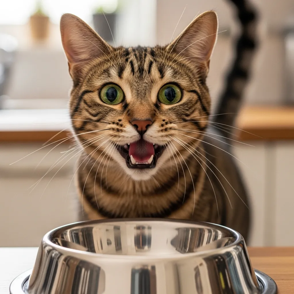 Happy cat meowing after eating empty bowl – contentment sound