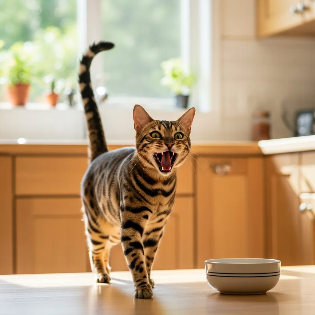 Bengal cat chirping after eating – post-meal contentment meow