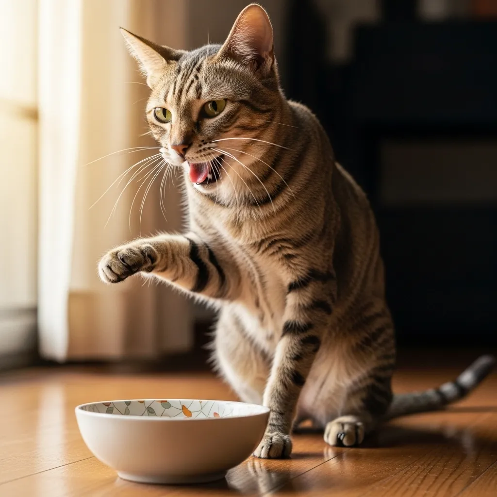Senior cat meowing at empty bowl – hunger cue after eating