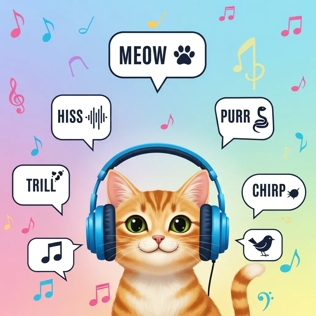 How Many Sounds Can a Cat Make 1 Infographic showing 100+ cat sounds: meow, purr, hiss, trill, chirp – your cat sound decoder guide