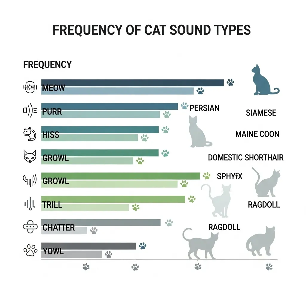 How Many Sounds Can a Cat Make 3 Chart of 7 types of cat sounds: meow, purr, hiss, trill, yowl, chatter, cry with frequency and purpose