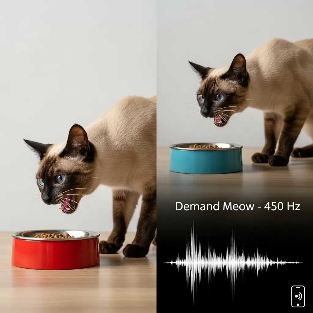 How Many Sounds Can a Cat Make 4 Siamese cat meowing at food bowl with sound wave – decode meowing sounds in cats
