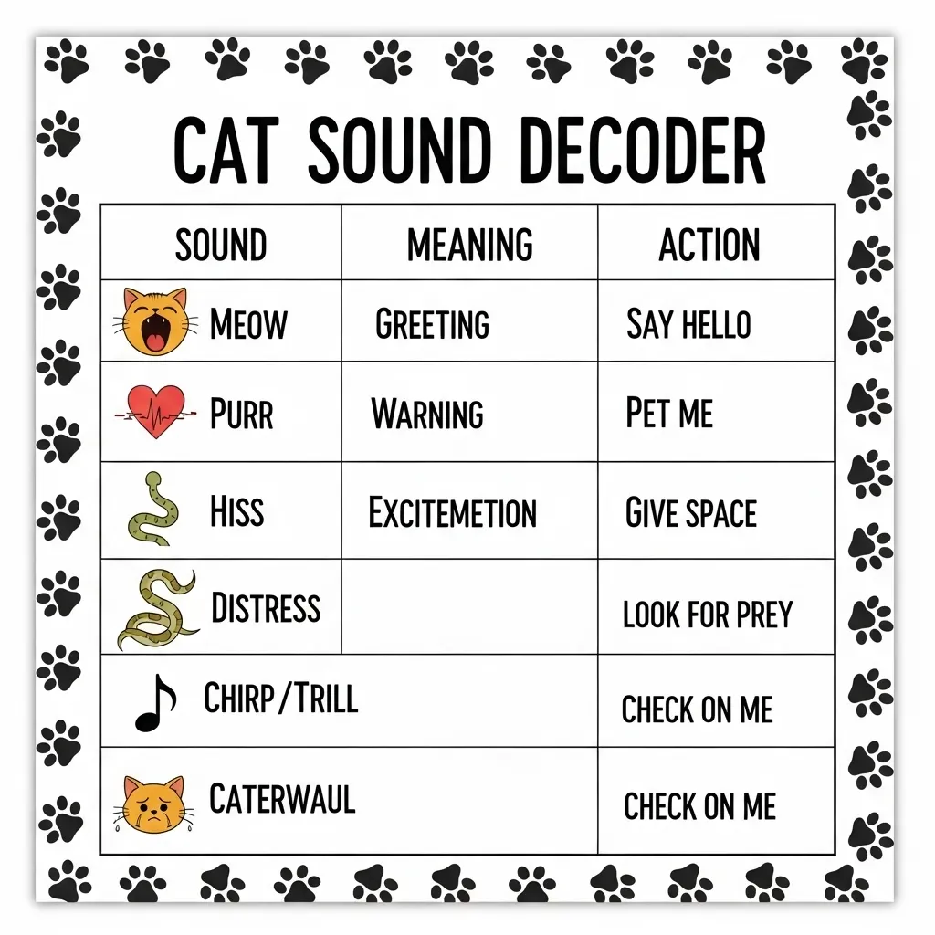 How Many Sounds Can a Cat Make 10 Printable cat sound decoder chart: meow, purr, hiss meanings and how to respond