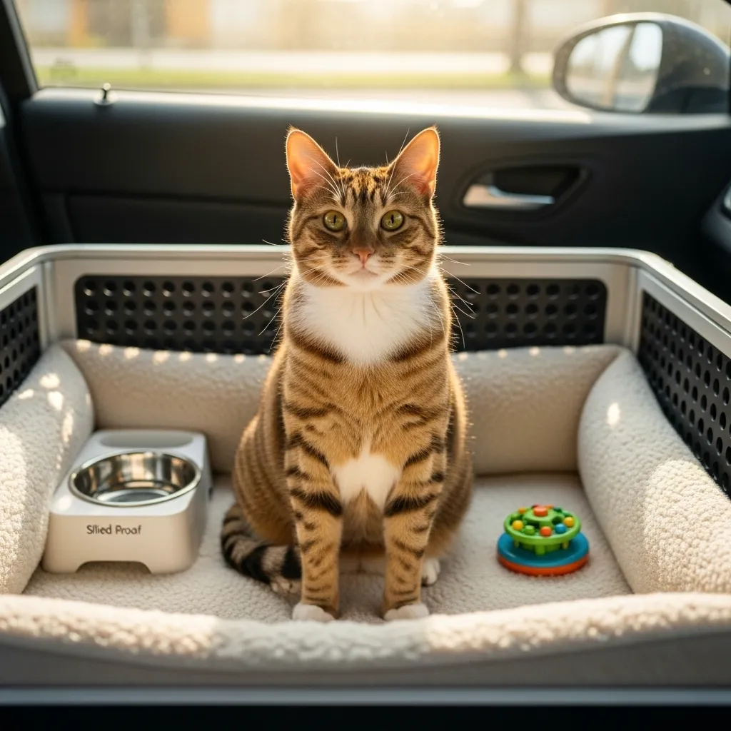 Cat comfortably resting in a well-equipped travel crate during a car ride – ideal cat crate setup for safe duration