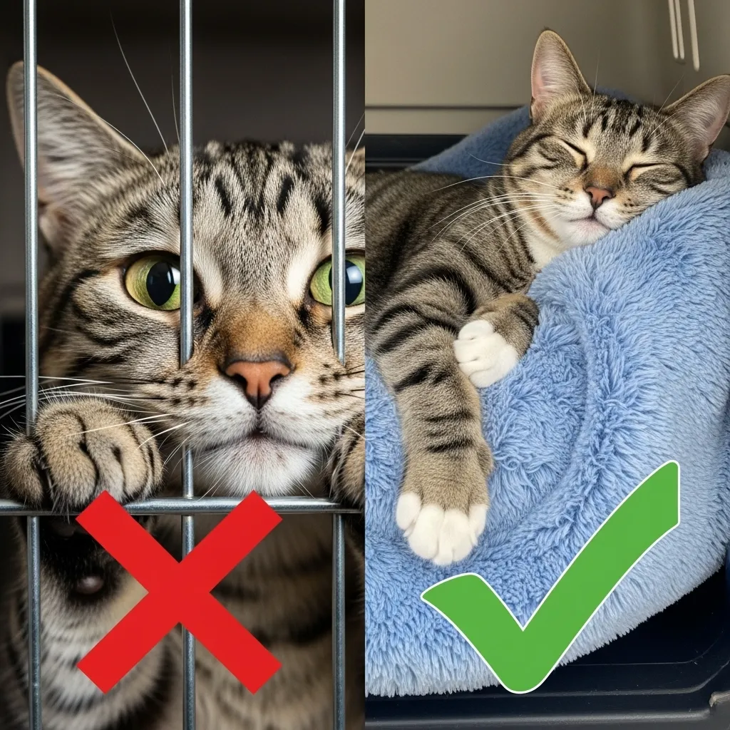 Stressed vs. relaxed cat in crate – showing impact of poor vs. proper cat crate duration and environment