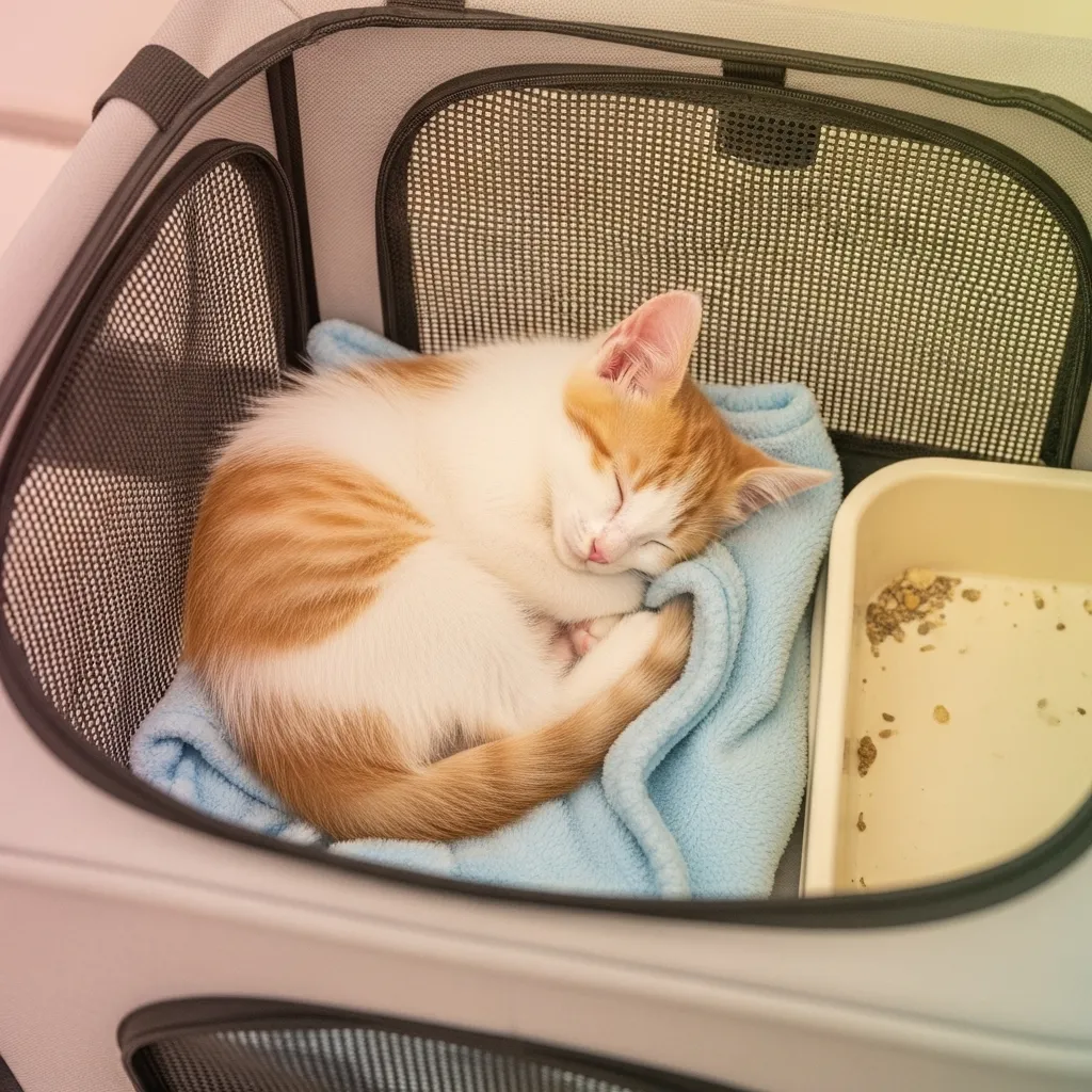 Kitten safely napping in a properly sized crate with litter access – ideal for short crate time for kittens