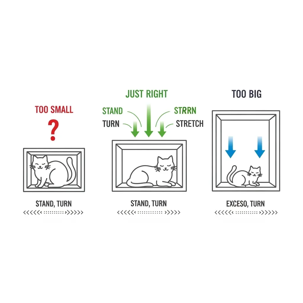 Cat crate size guide infographic – how to choose the right crate size for cats using the stand-turn-stretch rule