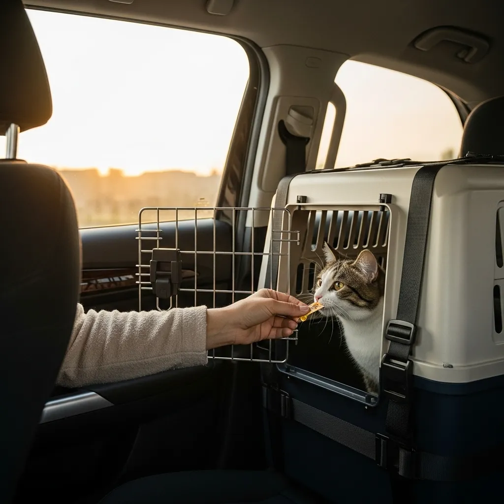 Cat crate safely secured in car with seatbelt – essential for stress-free cat travel by road