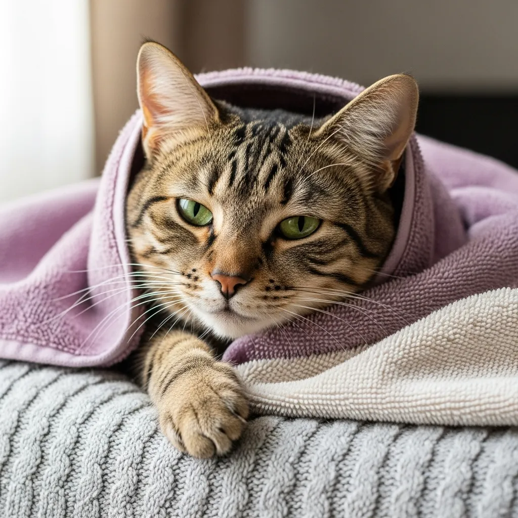 Mastering the Cat Burrito Technique 1 Cat in partial burrito wrap during grooming, demonstrating the cat burrito technique safely and calmly