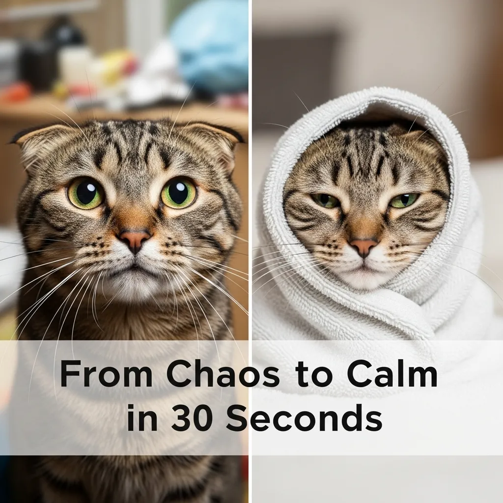 Mastering the Cat Burrito Technique 2 Before and after cat burrito wrap showing reduced stress and calm behavior