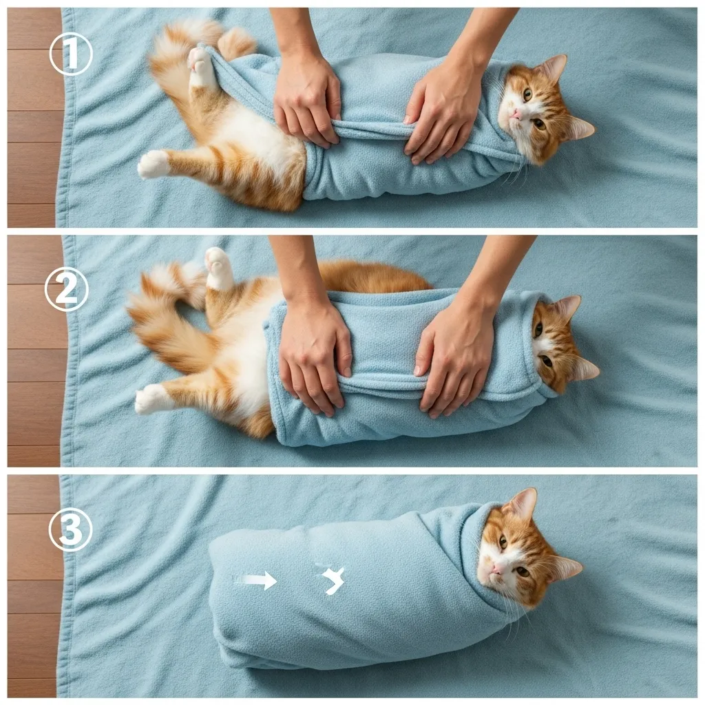 Mastering the Cat Burrito Technique 5 Steps 2-3 of burritoing a cat: shoulder wrap and body roll for safe restraint