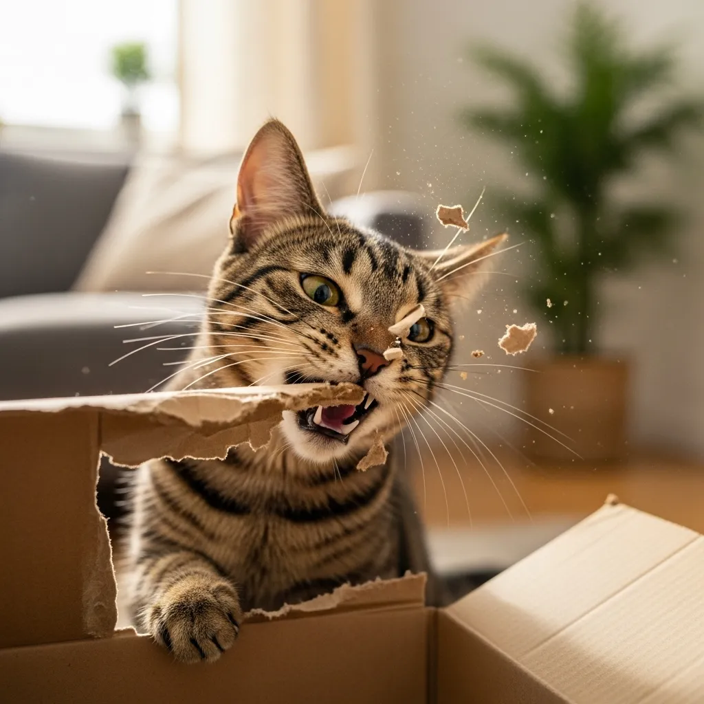Why Does My Cat Chew Cardboard 1 Cat chewing cardboard box with shredded pieces β common feline behavior explained