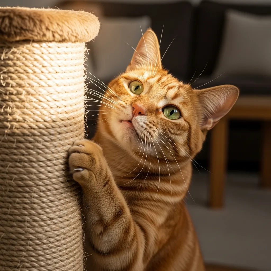 Happy cat using scratching post instead of furniture – ideal cat scratching prevention setup