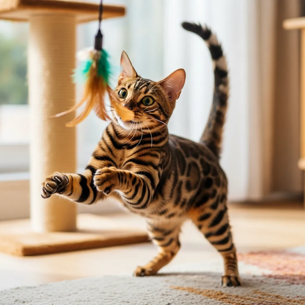 Bengal cat playing with feather wand – redirecting cat scratching behavior through play