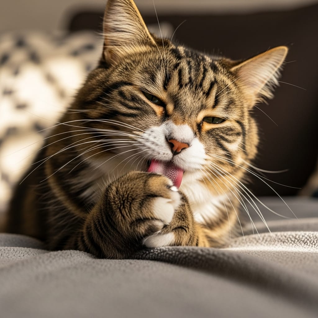 Cat licking blanket while kneading on couch – classic comfort behavior