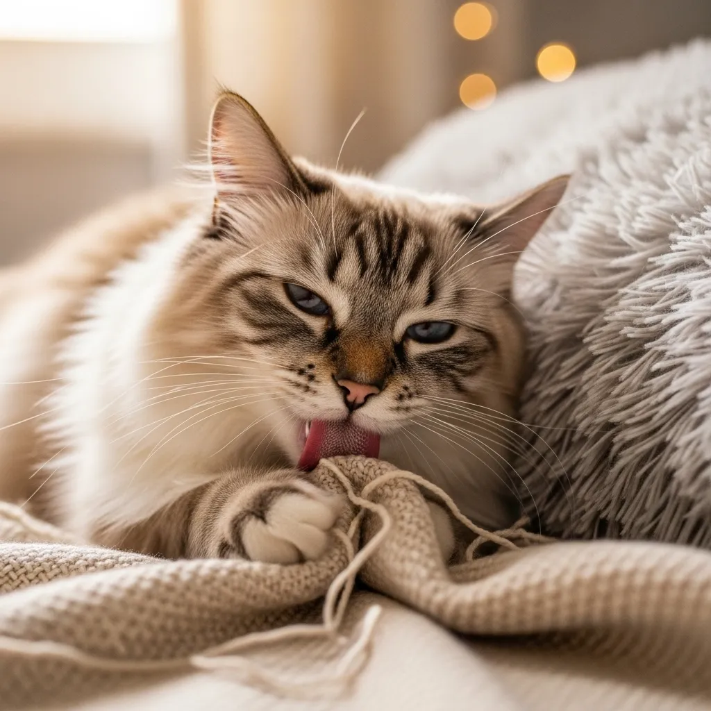 Cat purring while licking blanket – sign of deep trust and comfort