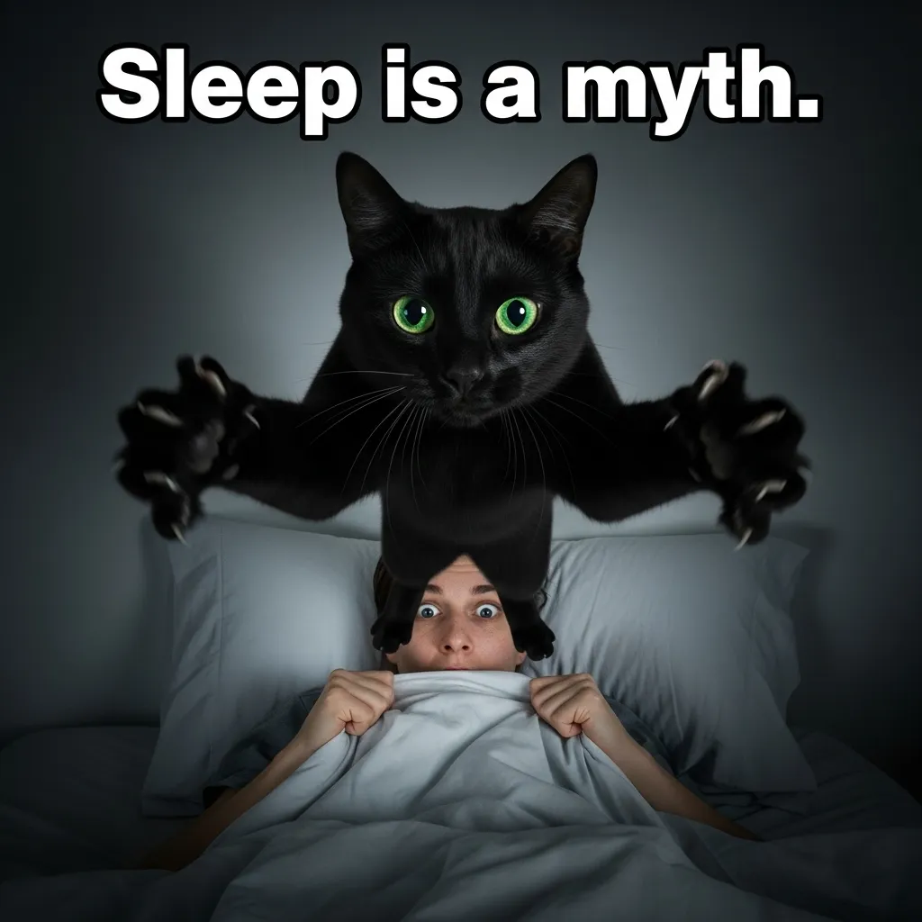 Funny cat meme of 3 a.m. zoomies over sleeping cat owner – relatable cat parent life