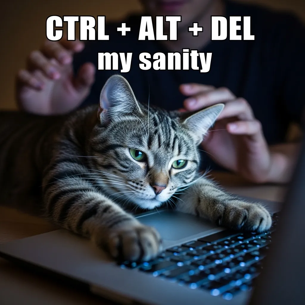 Cat owner meme – cat blocking laptop during work, relatable cat behavior humor