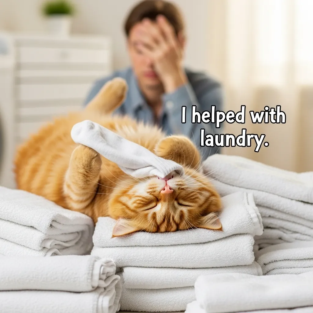 Funny cat meme – cat ruining clean laundry, everyday cat owner problem
