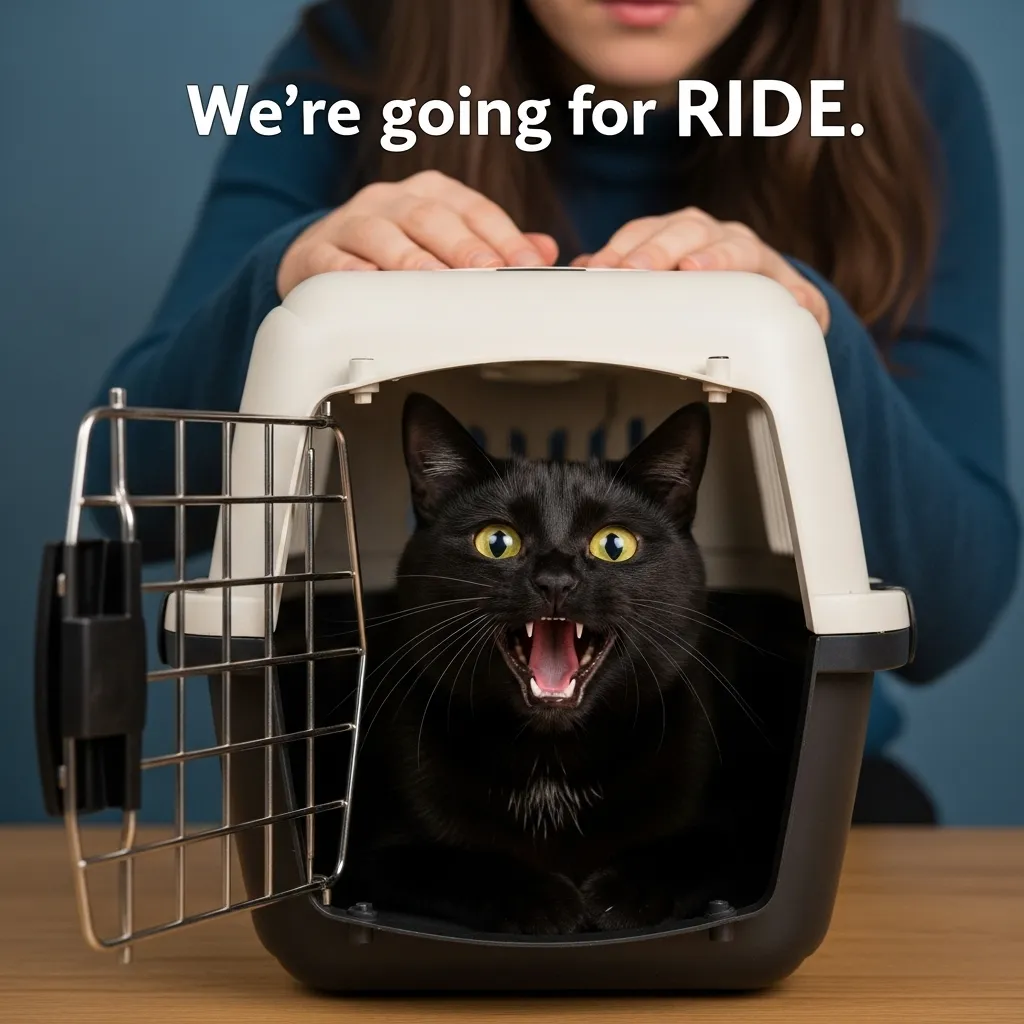 Relatable cat meme – cat screaming in carrier before vet visit, cat parent humor