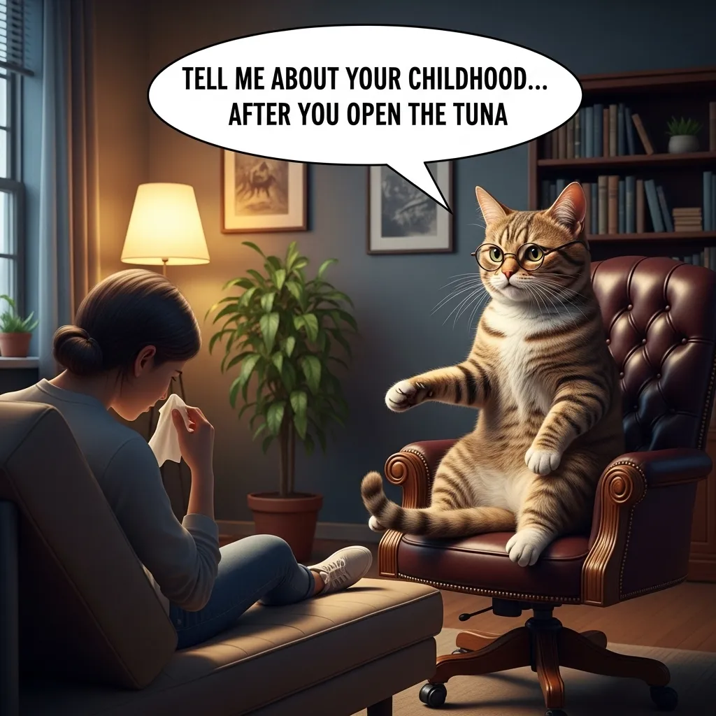 2025 cat meme trend – AI-generated cat therapist judging human