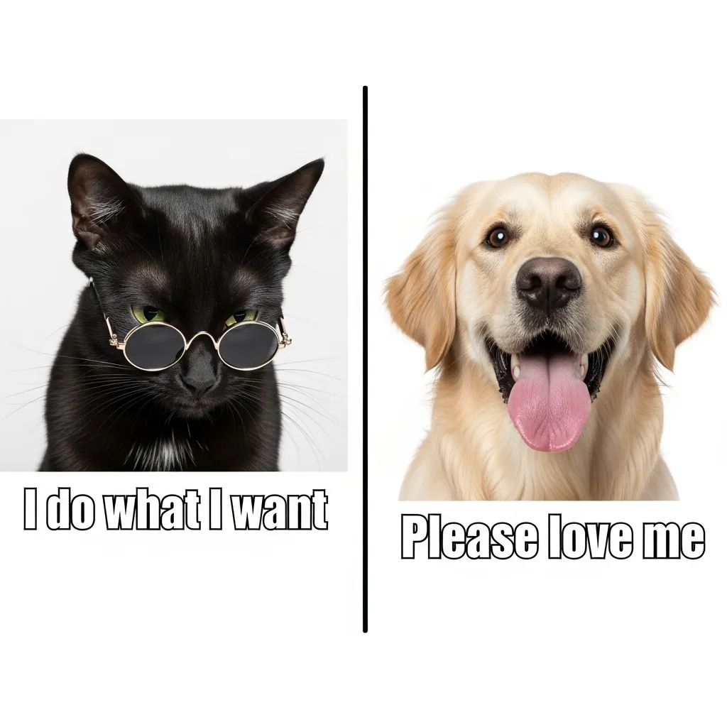 Funny cat vs dog meme showing cat independence vs dog affection – classic pet rivalry humor