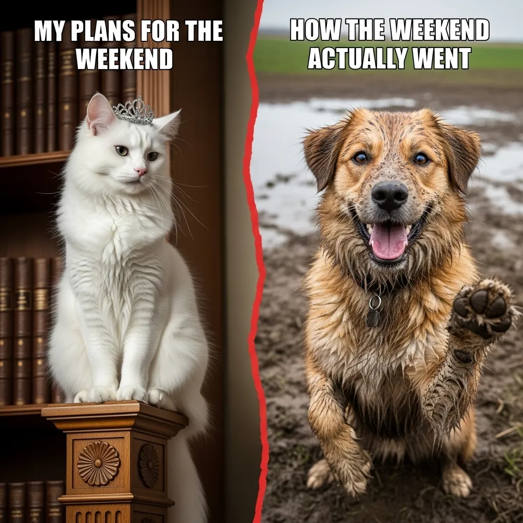 Cat vs dog expectations vs reality meme – clean cat vs messy dog