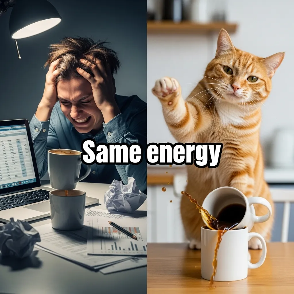 funny cat meme of orange tabby knocking coffee representing pet humour and relatable cat behavior