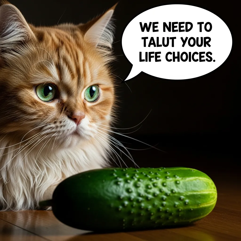hilarious cat moment of Persian cat side-eyeing cucumber – perfect example of cat meme humor