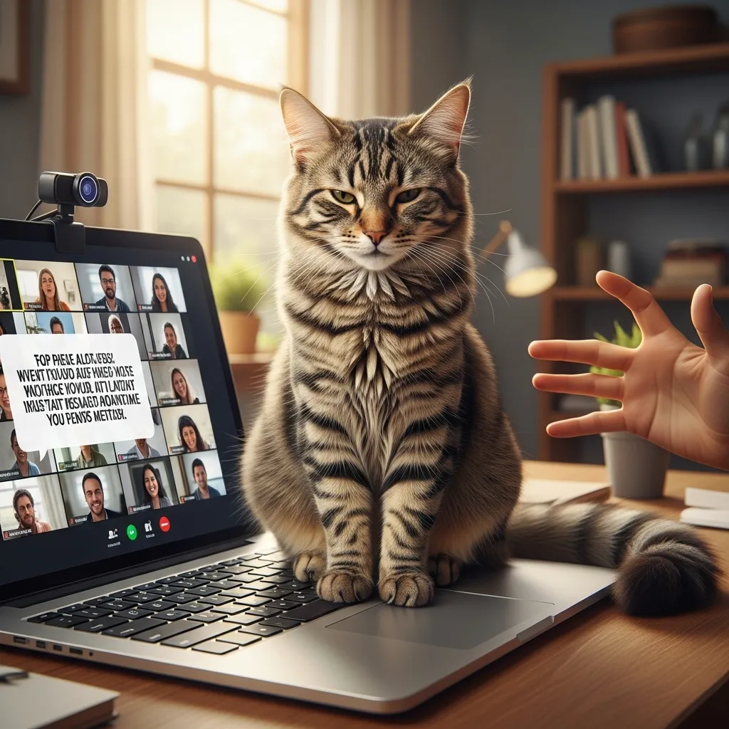 A fluffy tabby cat sitting on a laptop keyboard during a Zoom call, with a blurred human hand reaching in panic. Soft home office background, natural light.