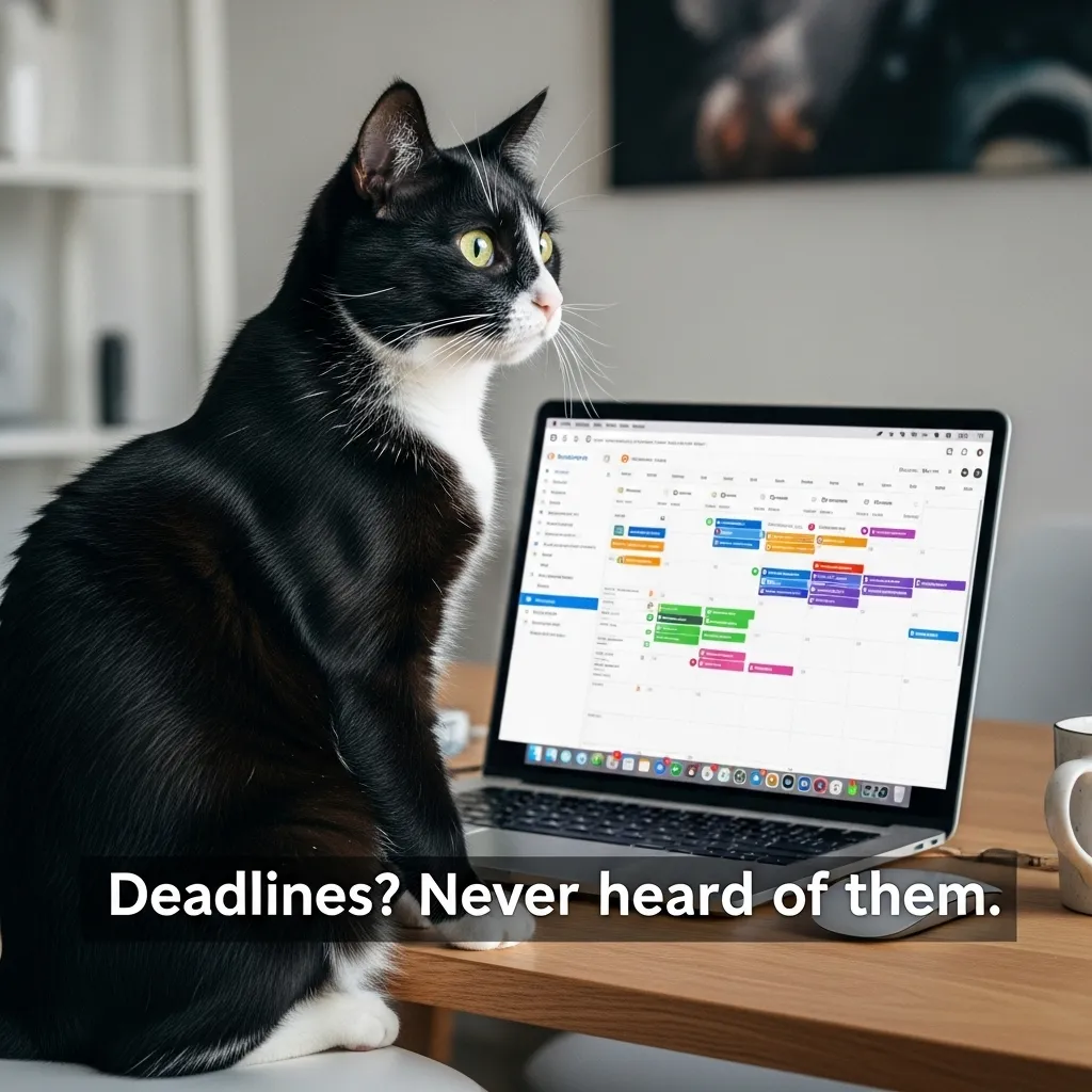 Cat boss meme ignoring work deadlines – funny remote work cat humor 😼