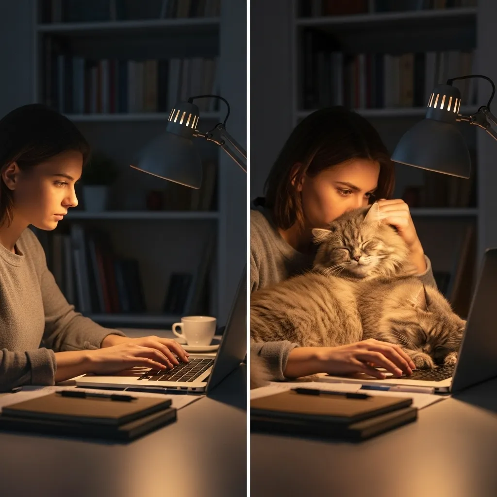 Before and after cat productivity sabotage – work from home reality 😿💻