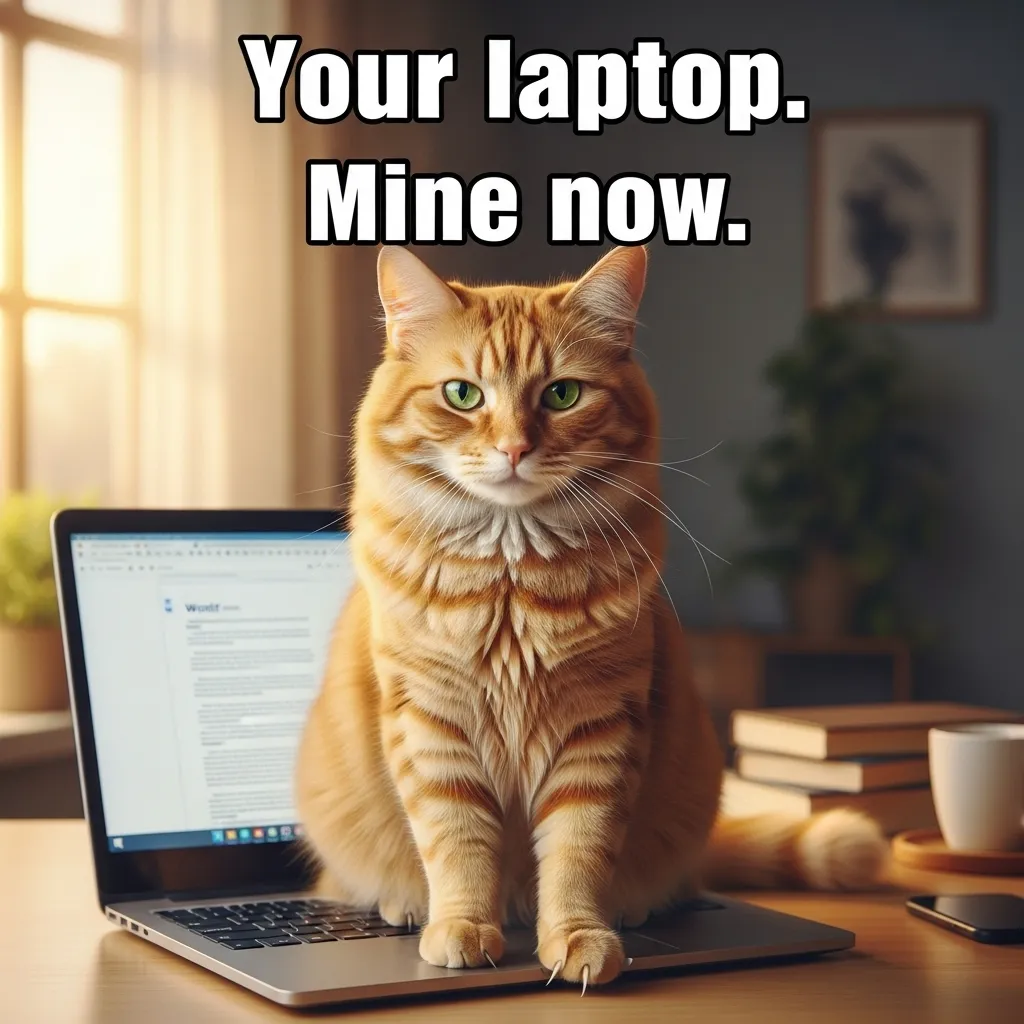 Funny cat sitting on laptop with sassy expression – perfect for hilarious cat quotes and Instagram captions
