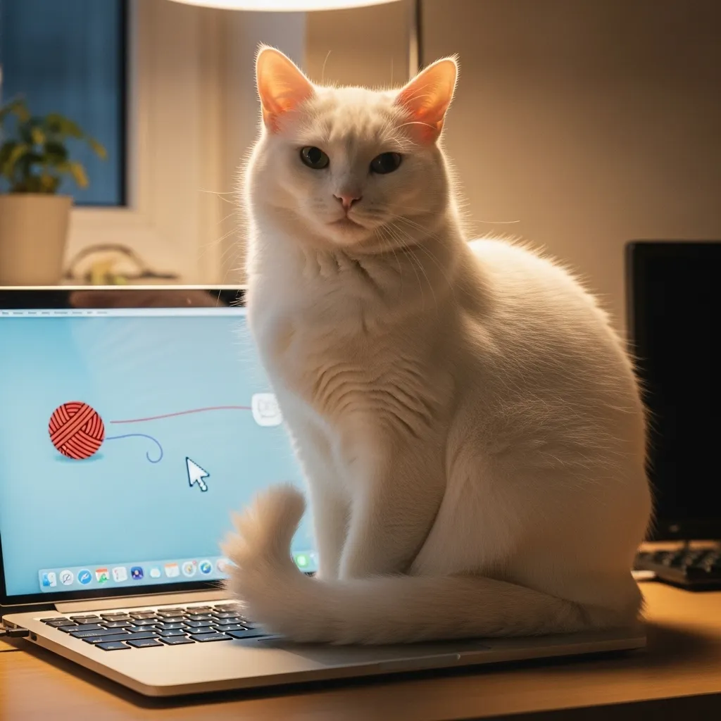 White cat claiming laptop as throne – funny cat quote “Your laptop is warm. Mine now.”