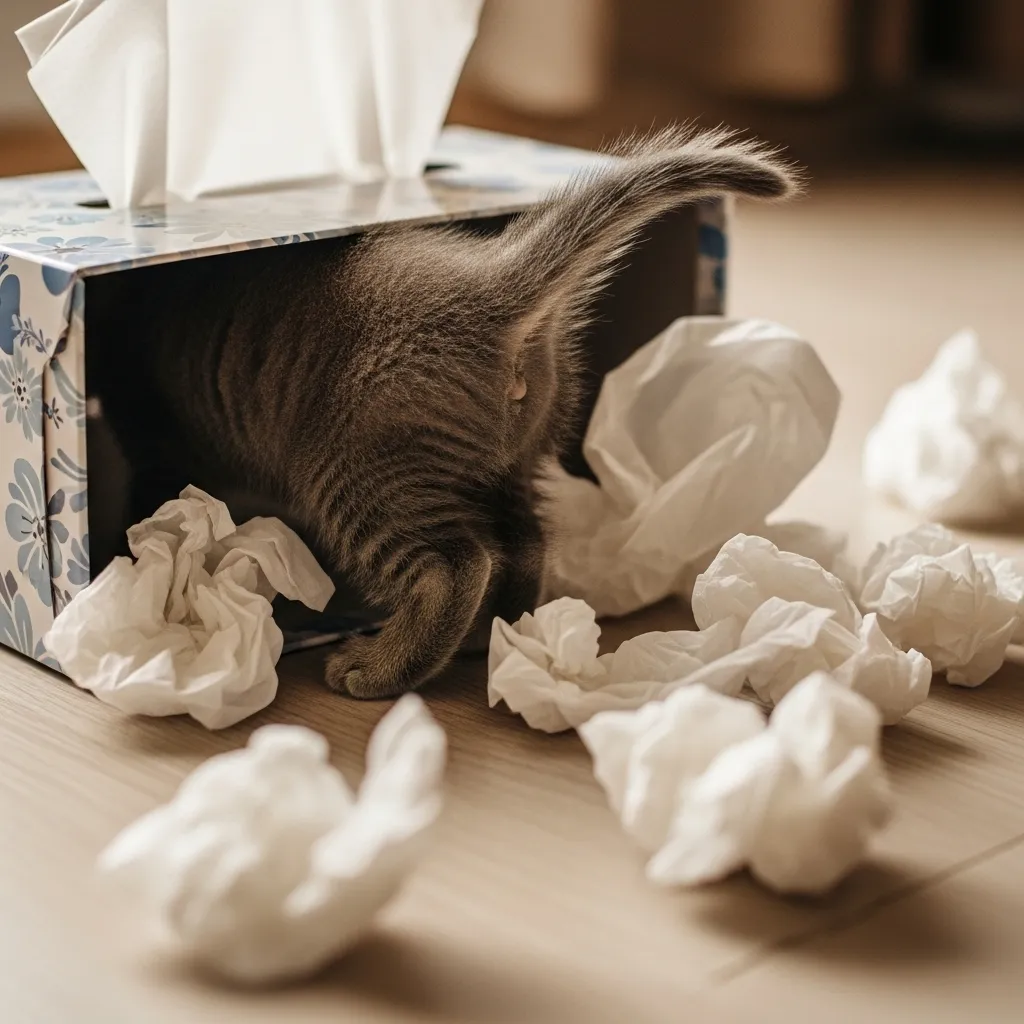 Kitten stuck in tissue box – cute and funny cat caption “I fit, therefore I sit.”