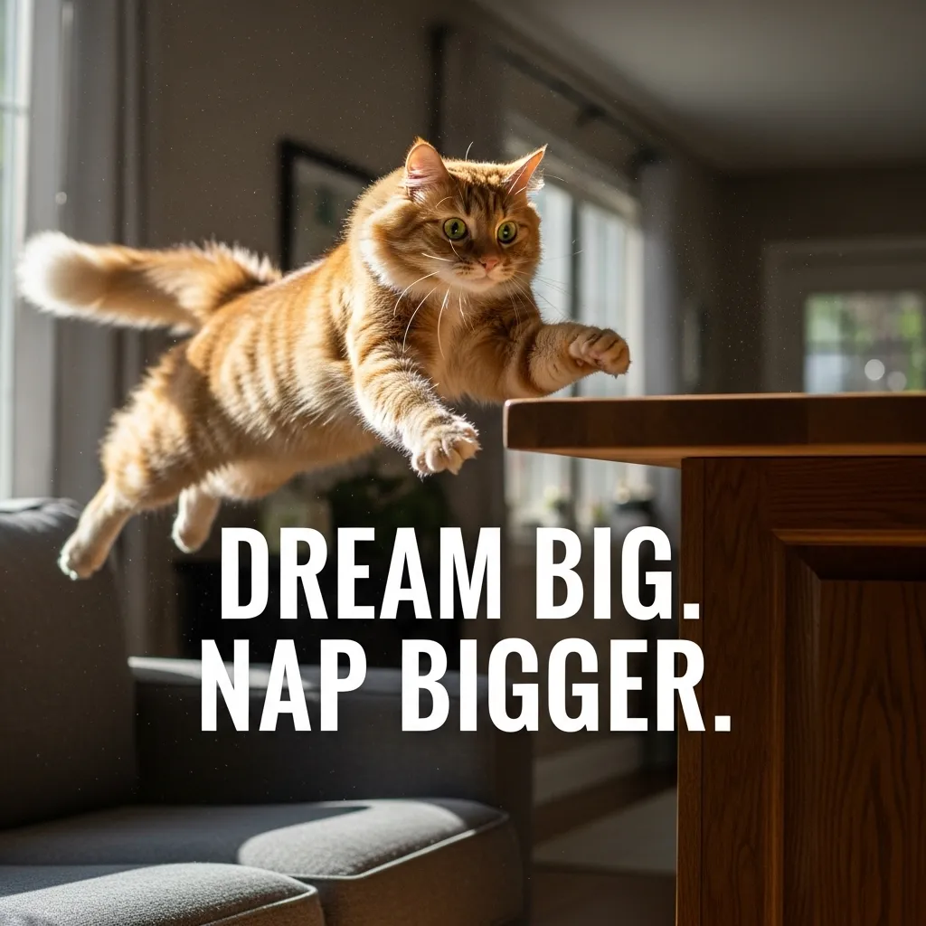 Cat jumping to counter with inspirational quote – funny yet motivational cat humor
