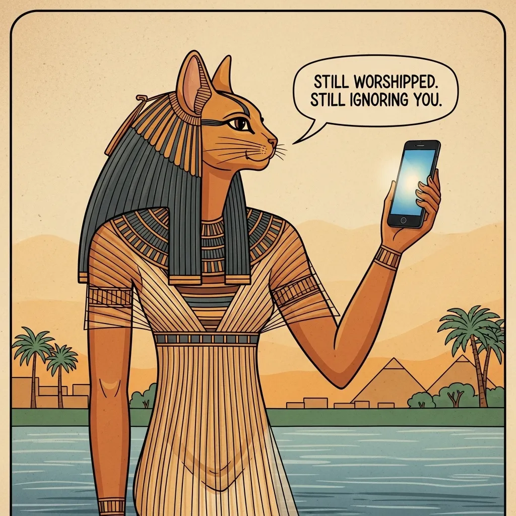 Egyptian cat goddess with phone – famous cat quote about cats as gods
