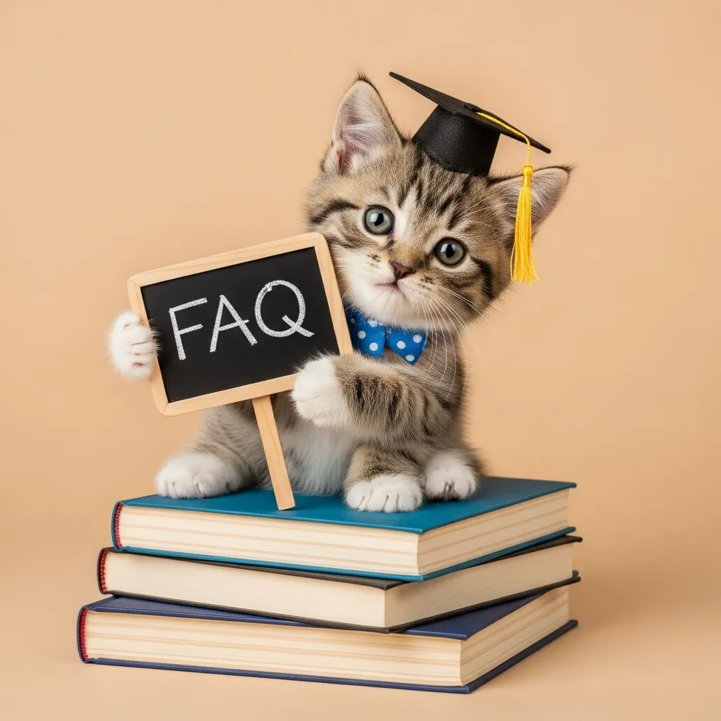 Cat with FAQ chalkboard – answers to top funny cat quote questions