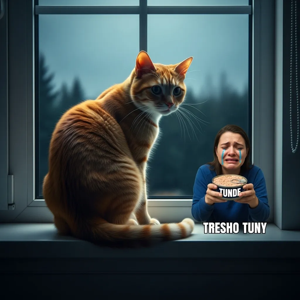 photorealistic orange tabby sitting on windowsill, dramatically turning back on crying human holding tuna can, cinematic lighting, moody, 4k, viral meme style --ar 16:9