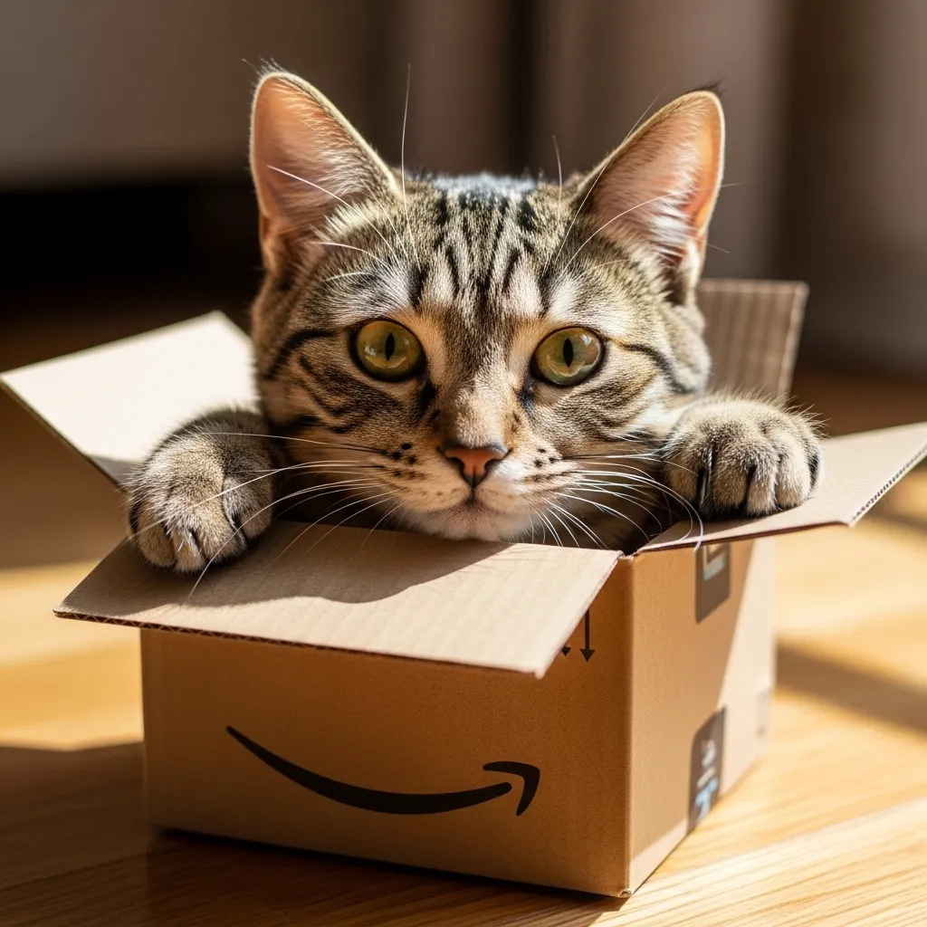 The Cat Box Meme 1 Funny cat in box meme 2025 – tabby cat squeezing into tiny Amazon packag