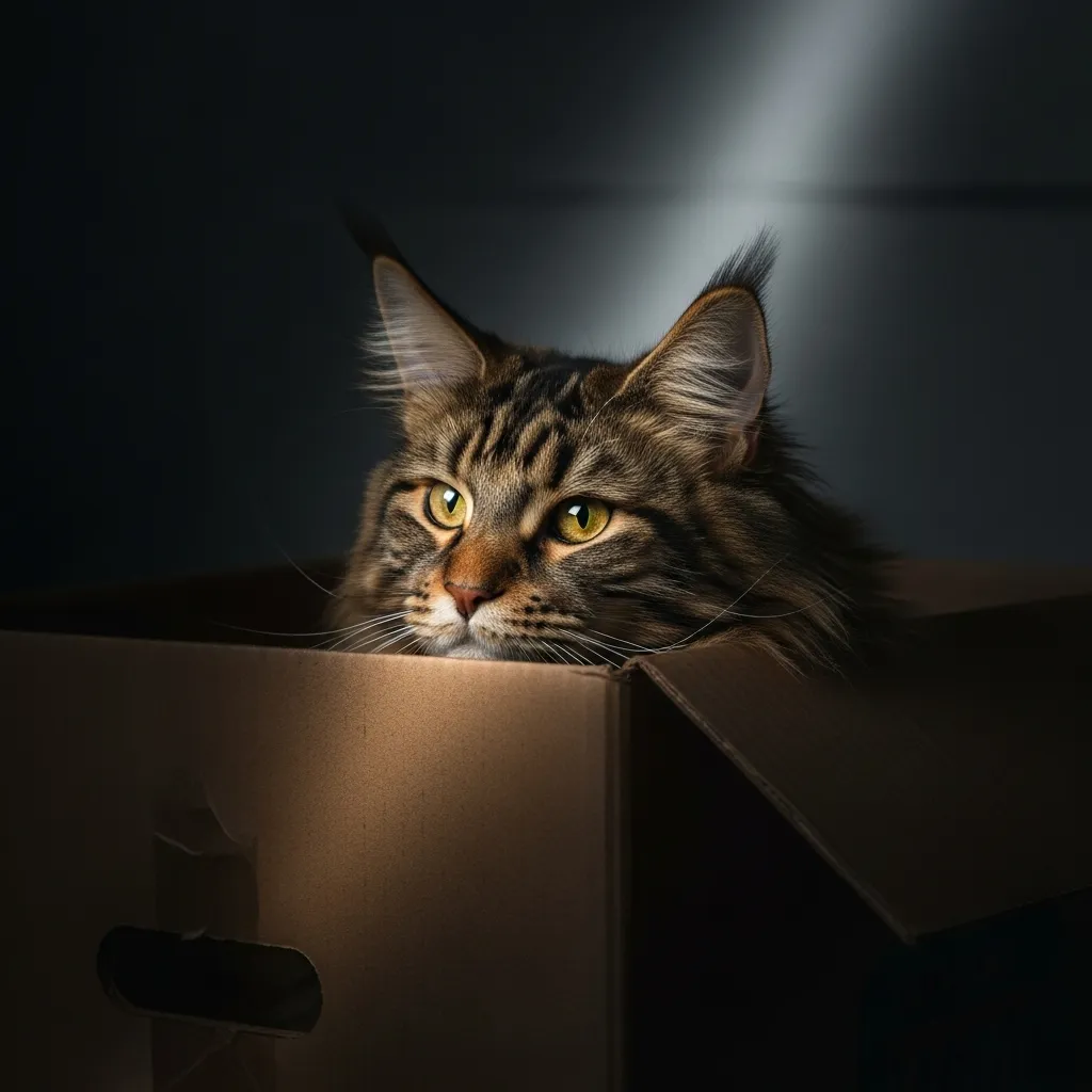The Cat Box Meme 3 “Cat sitting in box meme – Maine Coon using box as predator hideout”