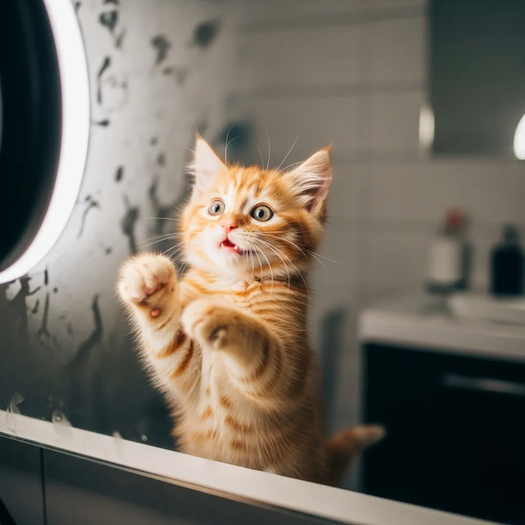 “cat looking in mirror meme viral 2025 – orange kitten shocked at reflection”