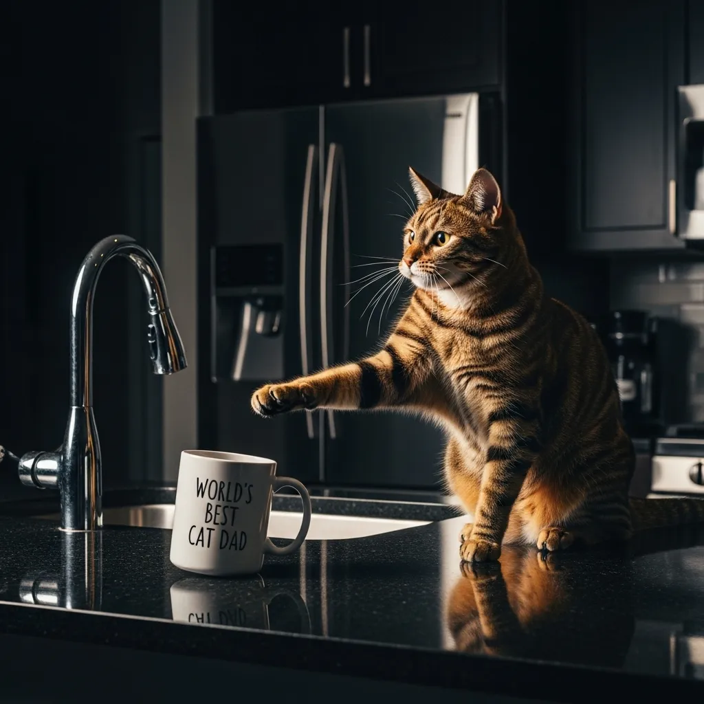 cat knocking things over – tabby about to push coffee mug off counter”